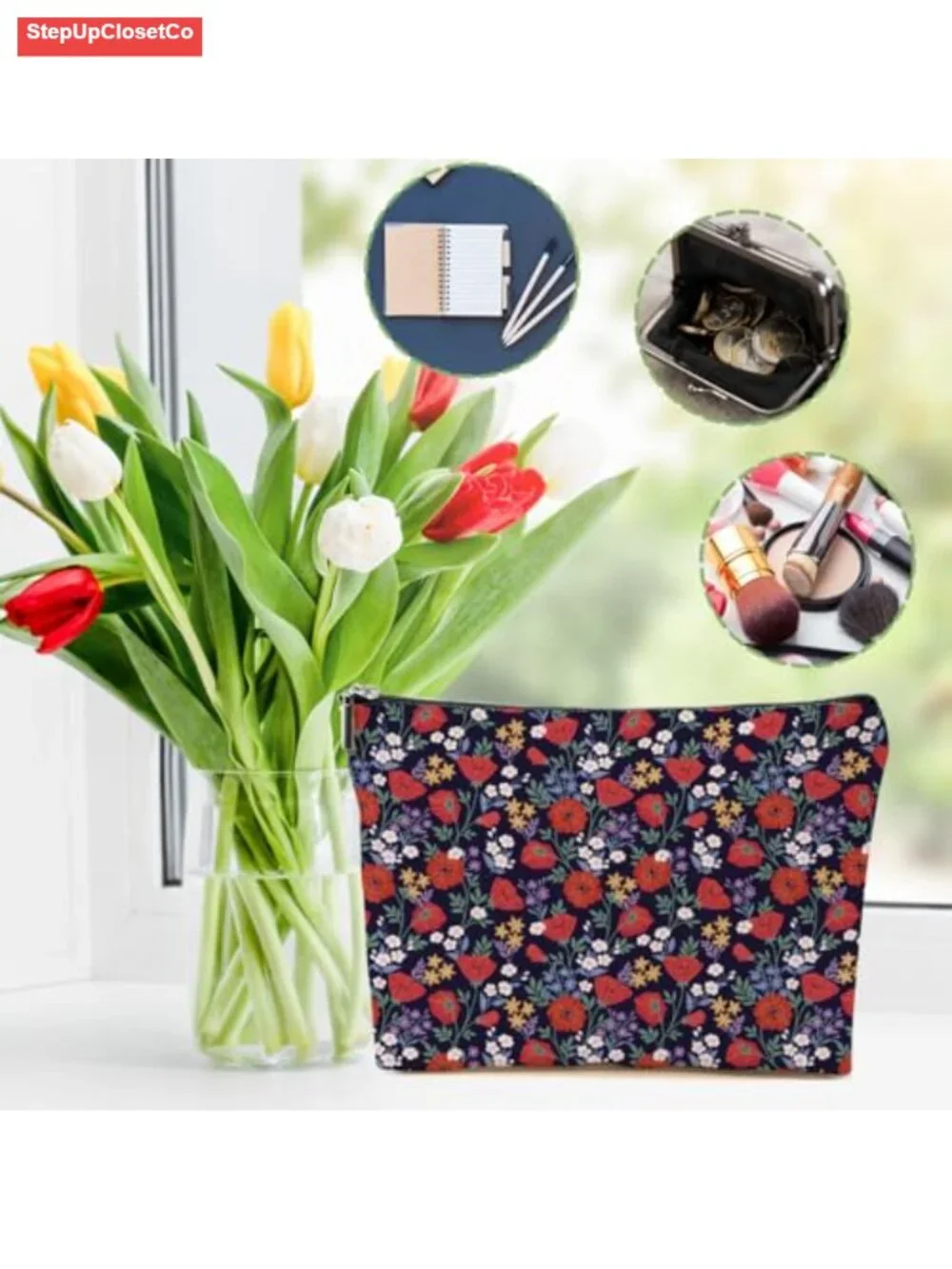 4 Pack Floral Linen Makeup Bag Cosmetic Pouch Travel Organizer Gift